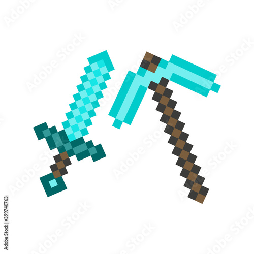 Set pixel arsenal.Pixel pickaxe, sword. Elements games, web, ui. Gaming arsenal. Vector illustration.