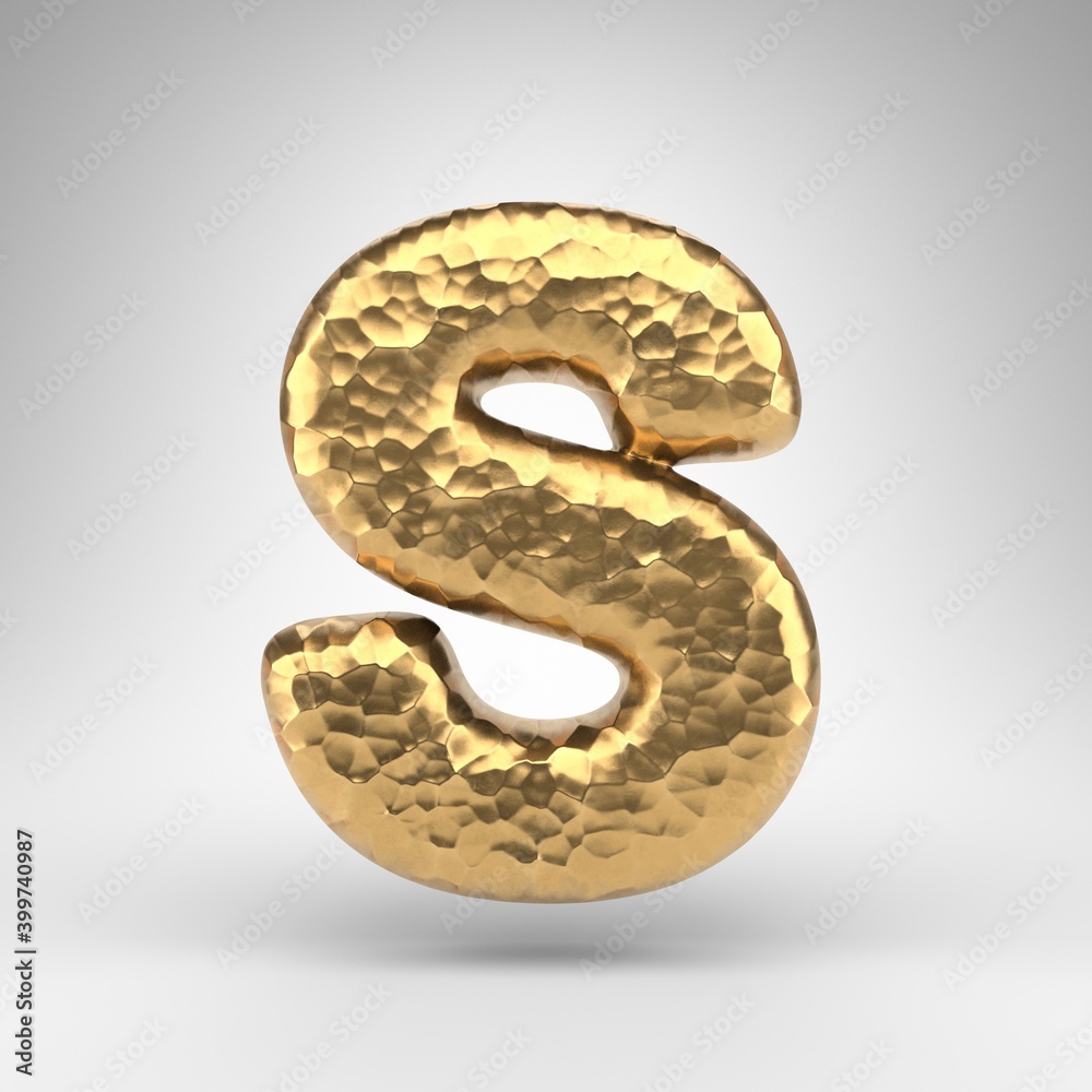 Letter S uppercase on white background. Hammered brass 3D letter with shiny metallic texture. Letter S uppercase on white background. Hammered brass 3D letter with shiny metallic texture.