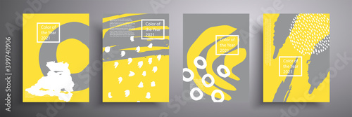 Set of vector covers of four minimalistic hand-drawn illustrations of abstract shapes in gray and yellow. Trendy colors of 2021.