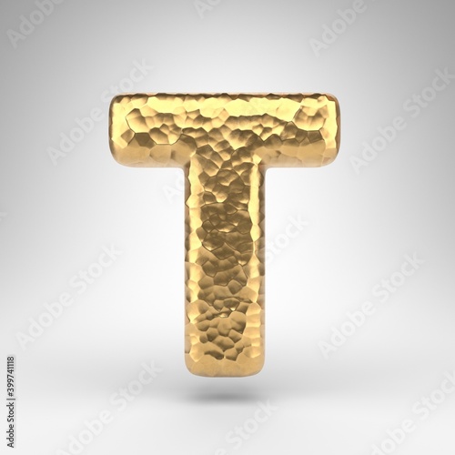 Letter T uppercase on white background. Hammered brass 3D letter with shiny metallic texture.