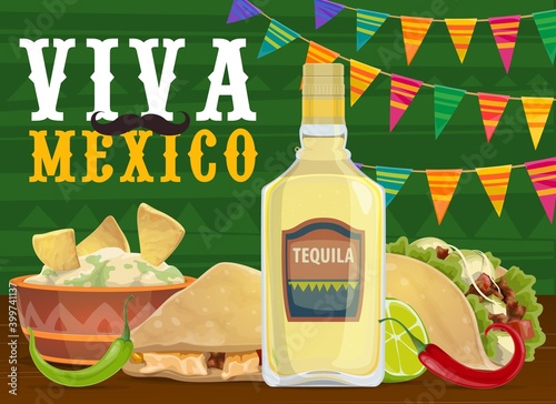 Mexican fiesta party food and drink, vector Viva Mexico design. Taco and nachos with avocado guacamole, chilli or jalapeno peppers and tequila bottle, corn tortilla quesadilla and bunting garland