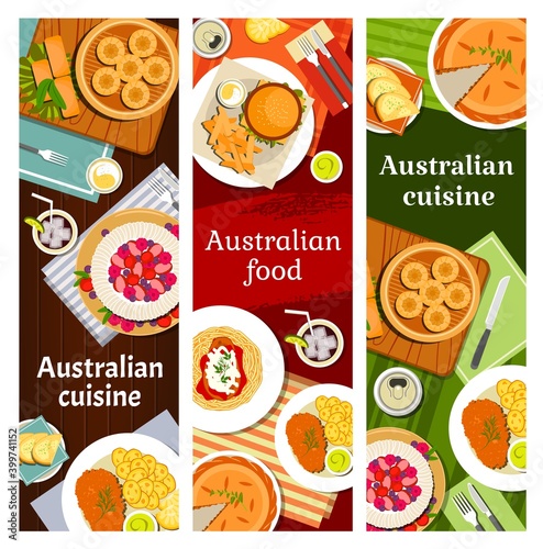 Australian food cuisine menu dishes, Australia restaurant banners, vector traditional meal. Australian national cuisine food pasta, kangaroo steak, meringue berry or Pavlova cake and soda bread damper