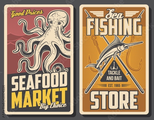 Seafood market and fishing store banner. Big octopus and jumping marlin fish, fishhooks and crossed rods vector. Fresh seafood products, fishing tackle and baits shop retro poster