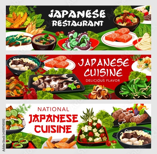 Japanese cuisine vector vegetable rolls, nicy jaga potatoes with meat and soba noodles. Bamboo shoots, lacered soup seasoned with bard, baked scad, cucumber salad, tofu with meat Japan food banners