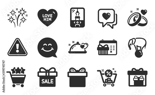 Gift box, Delivery boxes and Romantic dinner icons simple set. Fireworks, Crane claw machine and Marriage rings signs. Christmas calendar, Elephant on ball and Sale offer symbols. Vector