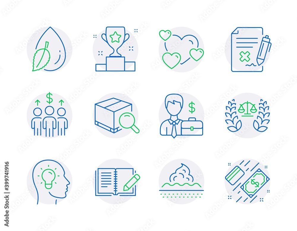 Business icons set. Included icon as Idea head, Water drop, Skin care signs. Search package, Businessman case, Meeting symbols. Feedback, Justice scales, Heart. Reject file, Winner cup. Vector Business icons set. Included icon as Idea head, Water drop, Skin care signs. Search package, Businessman case, Meeting symbols. Feedback, Justice scales, Heart. Reject file, Winner cup. Vector