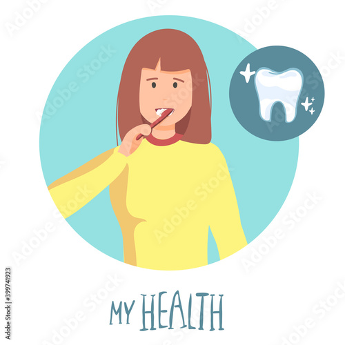 woman brushing his teeth. Vector illustration of a flat design. my health lettering. teeth cleaning, healthy teeth. concept.