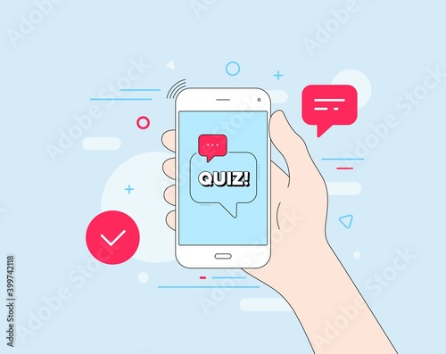 Quiz symbol. Mobile phone with offer message. Answer question sign. Examination test. Customer service banner. Quiz badge shape. Phone app speech bubble. Mobile help experience. Vector