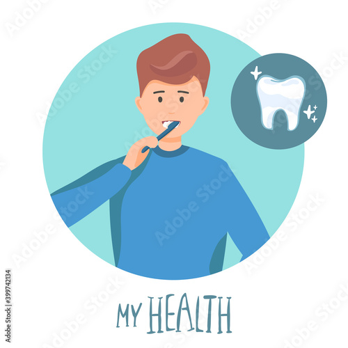 man brushing his teeth. Vector illustration of a flat design. my health lettering. teeth cleaning, healthy teeth. concept.