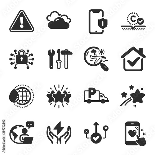 Set of Business icons, such as Search flight, Smartphone protection, Spanner tool symbols. Cloudy weather, Collagen skin, Correct way signs. Truck parking, Safe energy, World water. Star. Vector
