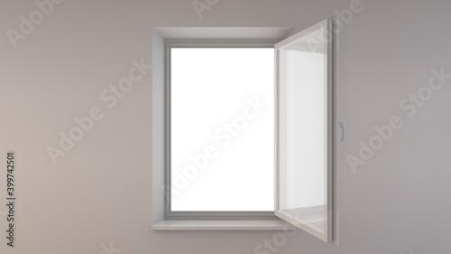 Single-leaf opened window on a white wall. aerial light illustration for brochures, web design. 3d rendering for your artwork.