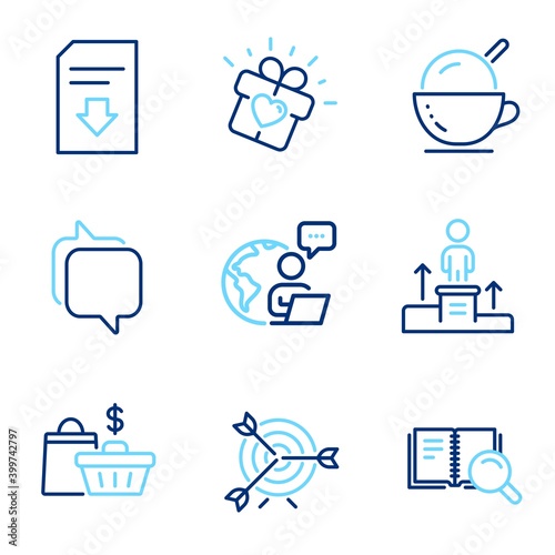 Business icons set. Included icon as Ice cream, Love gift, Messenger signs. Target, Business podium, Search book symbols. Sale bags, Download file line icons. Coffee cup, Heart present. Vector