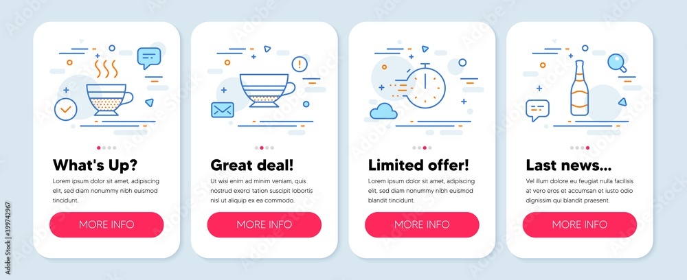 Set of Food and drink icons, such as Cafe creme, Mocha, Cooking timer symbols. Mobile app mockup banners. Beer bottle line icons. Hot coffee, Coffee cup, Stopwatch. Brewery. Cafe creme icons. Vector