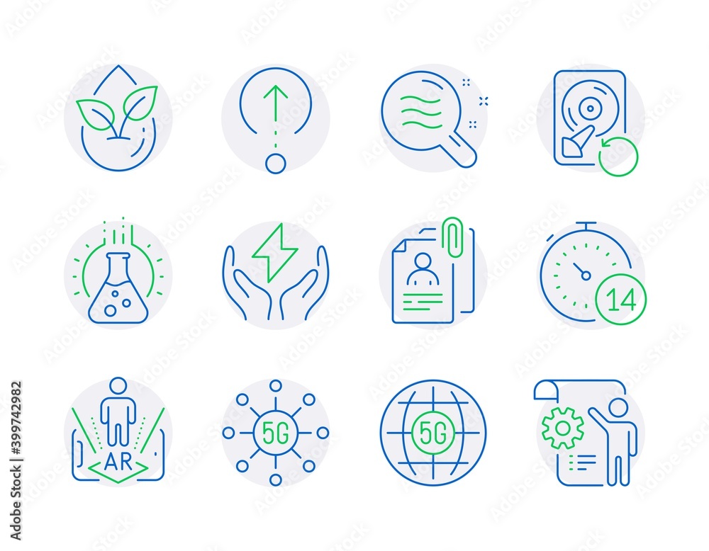 Science icons set. Included icon as Augmented reality, 5g internet, Chemistry lab signs. Safe energy, Recovery hdd, 5g technology symbols. Swipe up, Skin condition, Interview documents. Vector