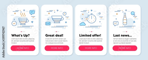 Set of Food and drink icons, such as Cafe creme, Mocha, Cooking timer symbols. Mobile app mockup banners. Beer bottle line icons. Hot coffee, Coffee cup, Stopwatch. Brewery. Cafe creme icons. Vector
