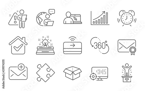 Contactless payment, New mail and Strategy line icons set. Time management, Winner podium and Verified mail signs. Graph chart, 360 degree and Open box symbols. Line icons set. Vector