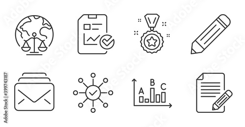 Survey results, Mail and Survey check line icons set. Report checklist, Magistrates court and Article signs. Pencil, Winner reward symbols. Best answer, New messages, Correct answer. Vector