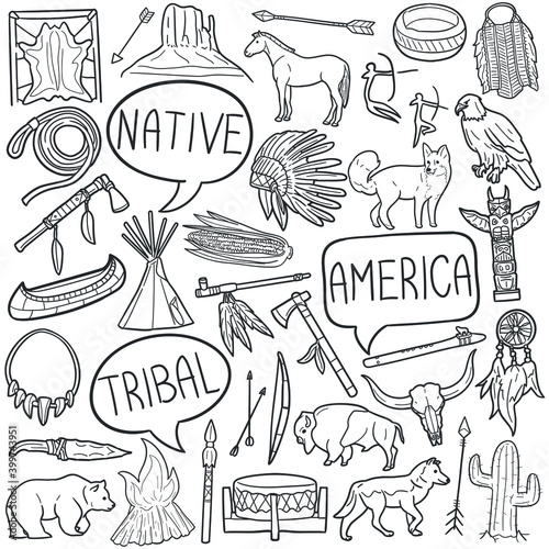 American Native doodle icon set. America Vector illustration collection. Banner Hand drawn Line art style.