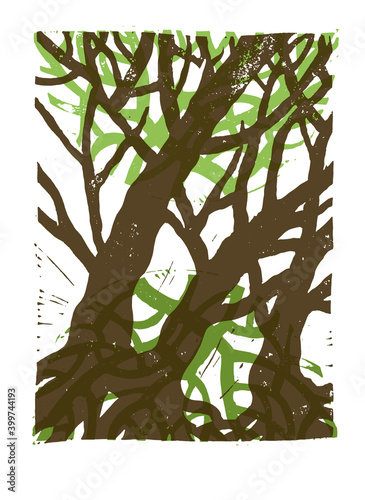 Linocut image of mystical trees with roots.  Images of trees. Drawing of trees and roots.
