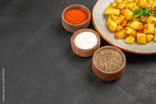 front view tasty fried potatoes inside plate with seasonings on the dark background color food kitchen photo meal