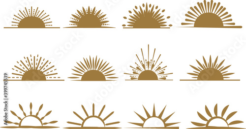 Sunset and Sunrise icons. Vector illustrations.  日の出イラスト、夕陽イラスト、太陽アイコンイラスト
