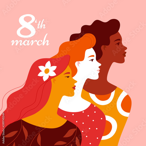 International Women's Day greeting card. Vector illustration of three smiling diverse women's portraits in trendy flat style. Isolated on pink background