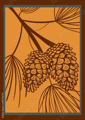 Retro hand drawn outline of conifer cone with twigs. Greeting card background