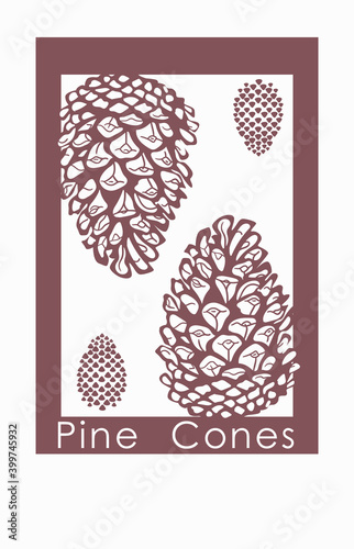 Hand drawn outline of conifer cone with twigs. Greeting card background