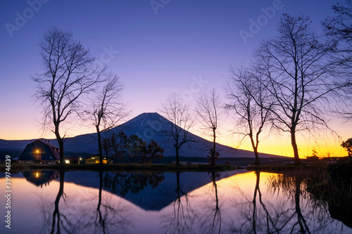 Mt.Fuji in the sunset at Fumotopara Camping Ground Shizuoka reflection and cloudy sky
