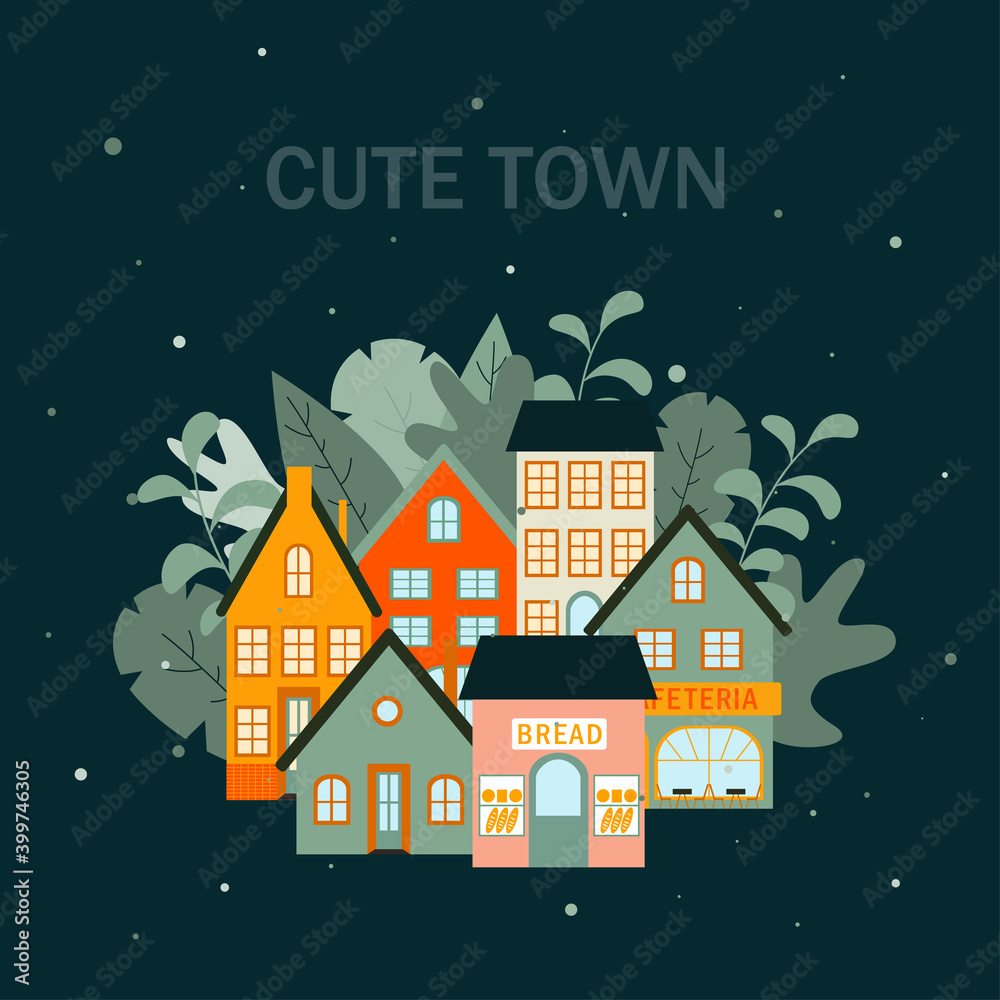 Vector illustration on a dark background city with houses