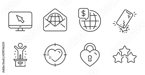 World money, Smartphone broken and Heart target line icons set. Love lock, Web mail and Winner podium signs. Ranking stars, Internet symbols. Global markets, Phone crack, Love aim. Vector