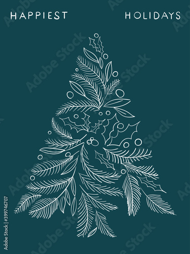 Christmas tree made from twigs, leaves and flowers. Holiday decoration with p...