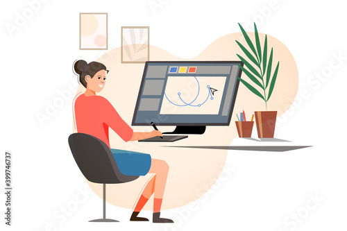 A girl is sitting at a large monitor and a graphic tablet, a young designer is working. Modern flat design, woman illustrator character.