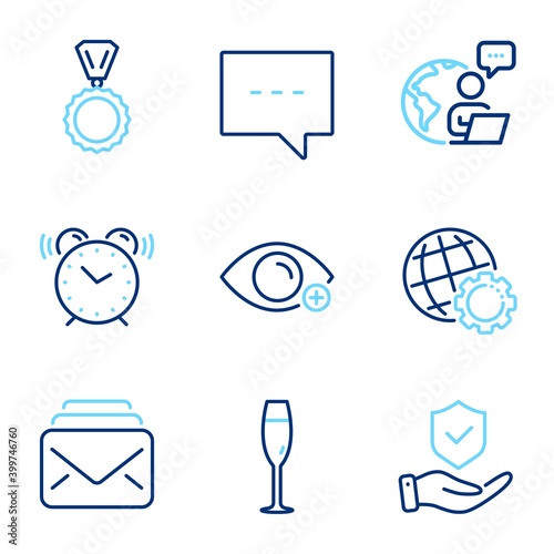 Business icons set. Included icon as Medal, Mail, Farsightedness signs. Champagne glass, Blog, Insurance hand symbols. Globe, Alarm clock line icons. Winner, New messages. Line icons set. Vector