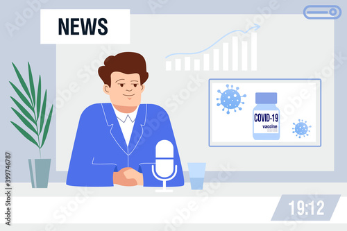 A man in a blue jacket will deliver the news about the coronavirus vaccine. Roundup of news on tv and online. Cozy office, graphics, flowers, blue colors.