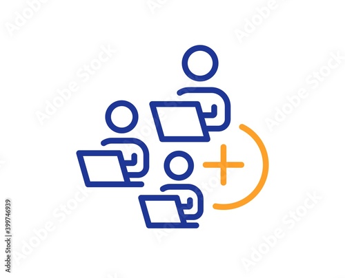 Add team line icon. Teamwork sign. Remote team employees symbol. Quality design element. Line style add team icon. Editable stroke. Vector