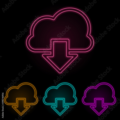 unloading from the cloud color neon set. Simple thin line, outline vector of web icons for ui and ux, website or mobile application