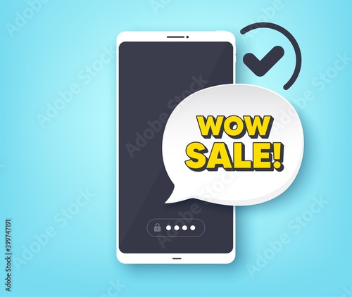 Wow Sale. Mobile phone with alert notification message. Special offer price sign. Advertising Discounts symbol. Customer service app banner. Wow sale badge shape. Vector