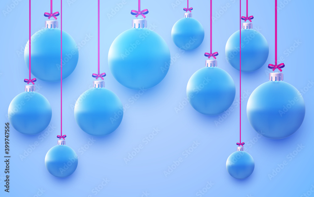 Obraz premium Blue christmas balls hanging on pink ribbons with bow.
