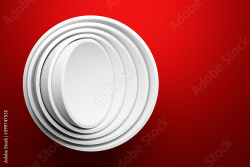 3d illustration of a scene from a circle on a red background. A close-up of a white round pedestal. White plates top view