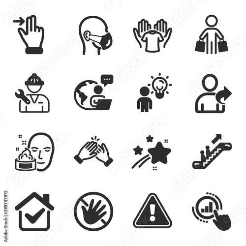 Set of People icons, such as Group people, Repairman, Do not touch symbols. Graph chart, Escalator, Hold t-shirt signs. Medical mask, Buyer, Touchscreen gesture. Face cream, Clapping hands. Vector