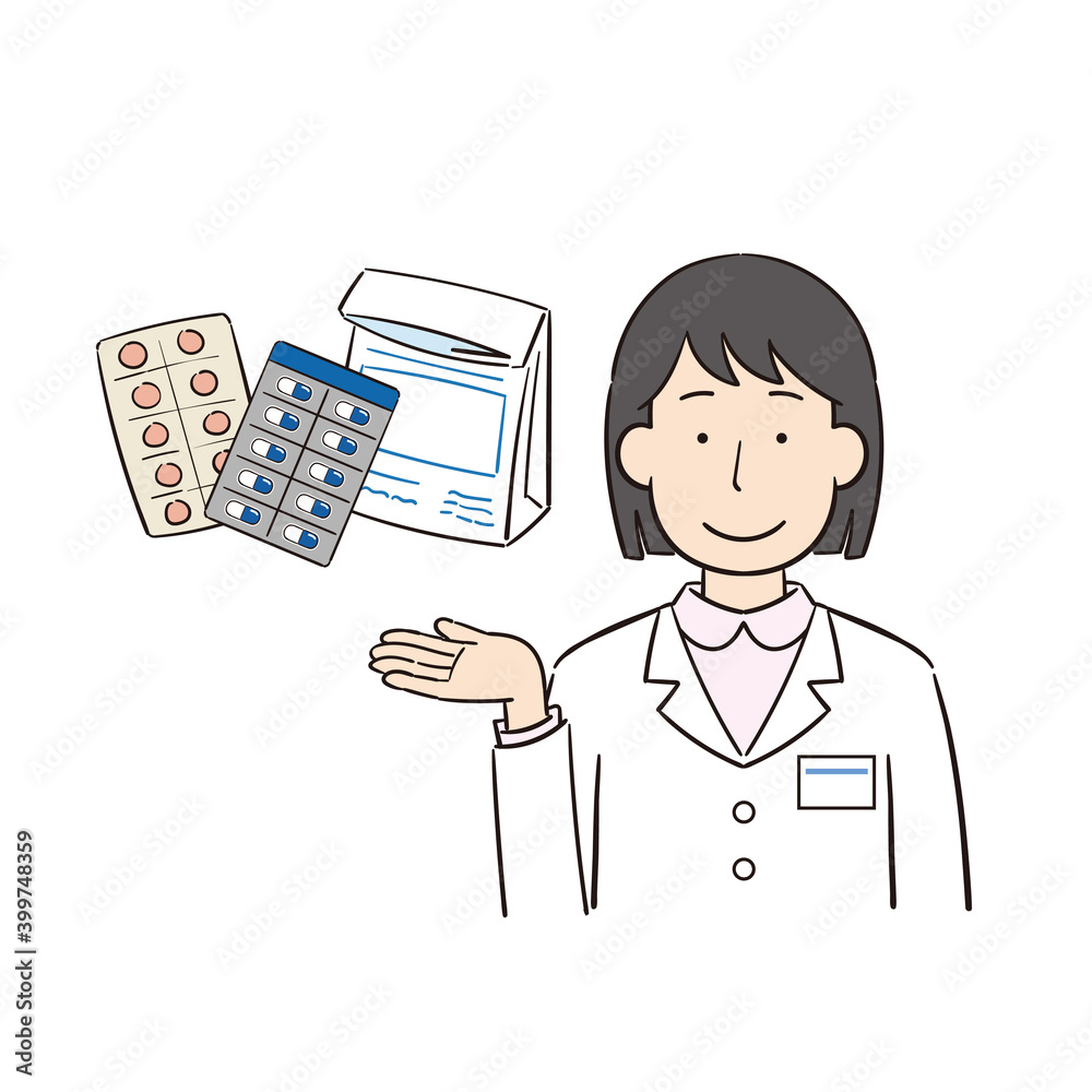 薬の説明をする女性薬剤師