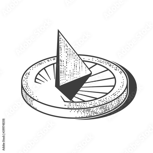 Sundial, vintage sun clock icon in graphic style, time shown by shadow from sunlight, old solar clock, vector