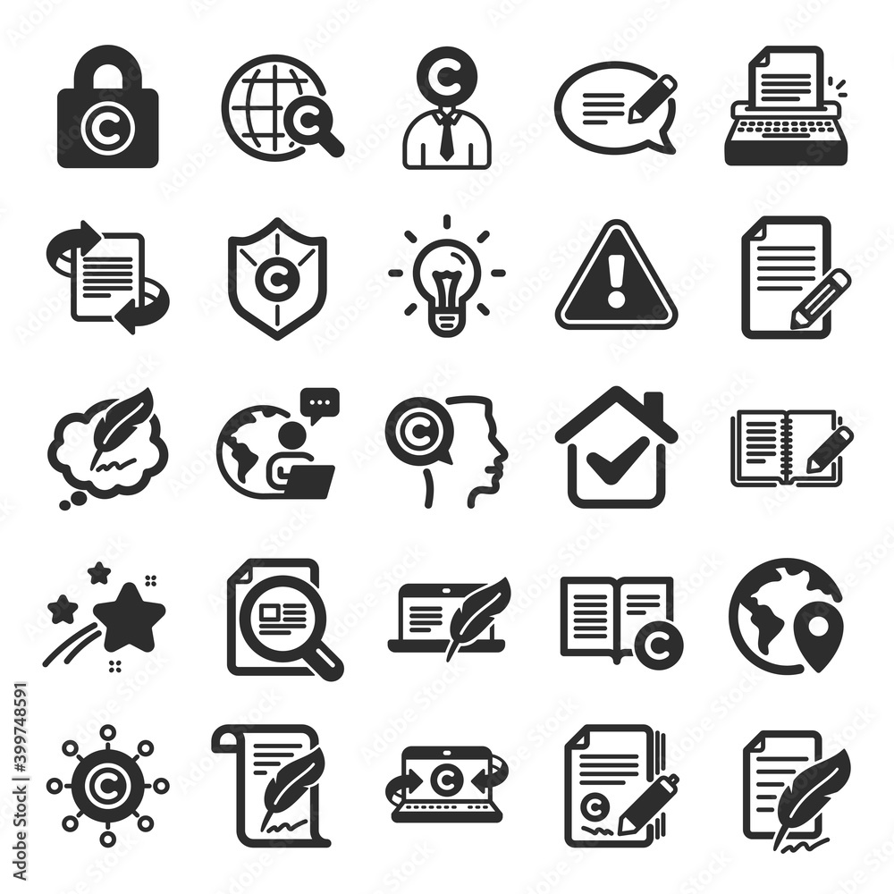Fototapeta premium Copywriting book icons. Set of Copyright protection, Signature and Feedback icons. Typewriter, Idea and message copywriting. Write book, legal copyright, content author. Light bulb. Vector