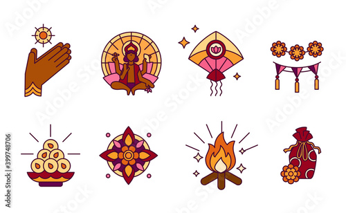 Makara Sankranti, Hindu festival of sun god Surya - solid icons in bright colors. Maghi or Pongal - Symbols of hands in pray, Patang Kite, Laddu dessert. For greeting card, invitation, banner, app photo