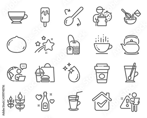 Food and drink icons set. Included icon as Macadamia nut, Cooking whisk, Cooking spoon signs. Teapot, Water drop, Gluten free symbols. Bombon coffee, Tea bag, Cocktail. Coffee cup, Tea mug. Vector