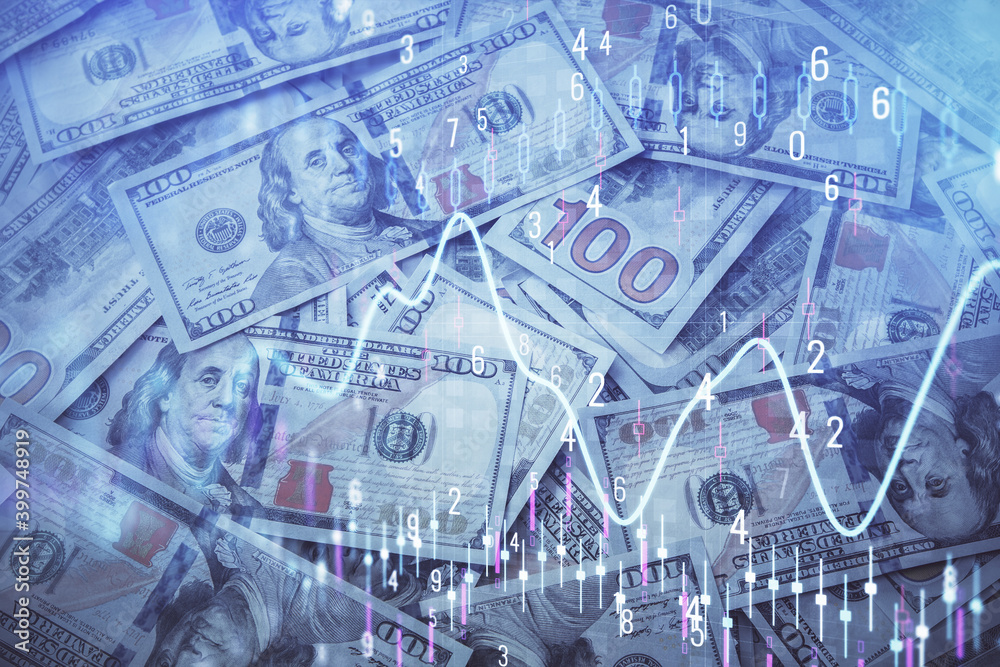 Double exposure of forex graph drawing over us dollars bill background. Concept of financial markets. Double exposure of forex graph drawing over us dollars bill background. Concept of financial markets.