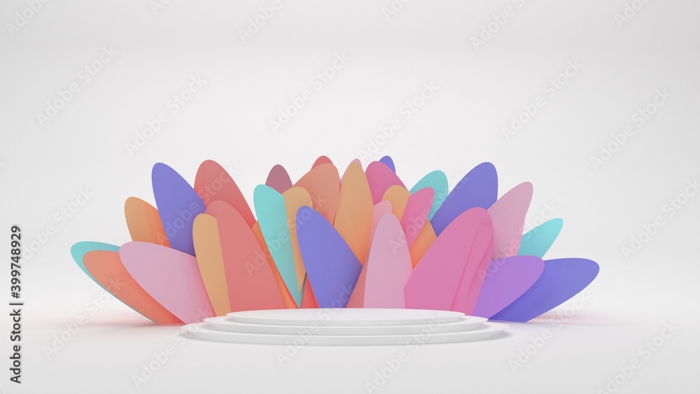 Podium for product demonstration. Round white pedestal on a background of rainbow abstract oval shapes. 3d render. Podium for product demonstration. Round white pedestal on a background of rainbow abstract oval shapes. 3d render.