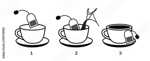 Steps how to brew tea. Vector illustration isolated on white background.