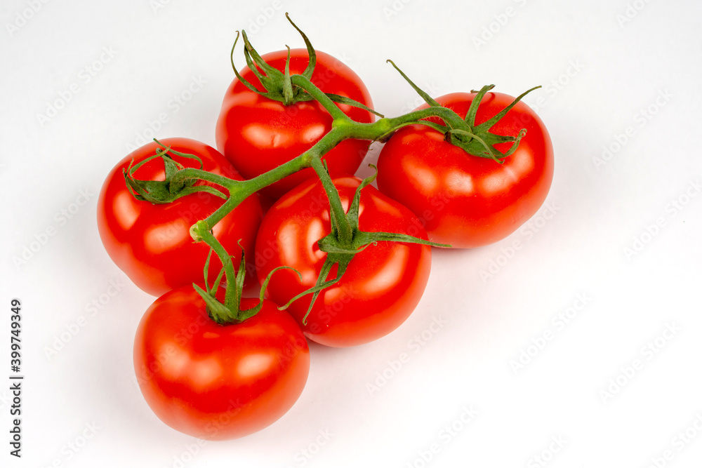 large red tomatoes on a branch close-up